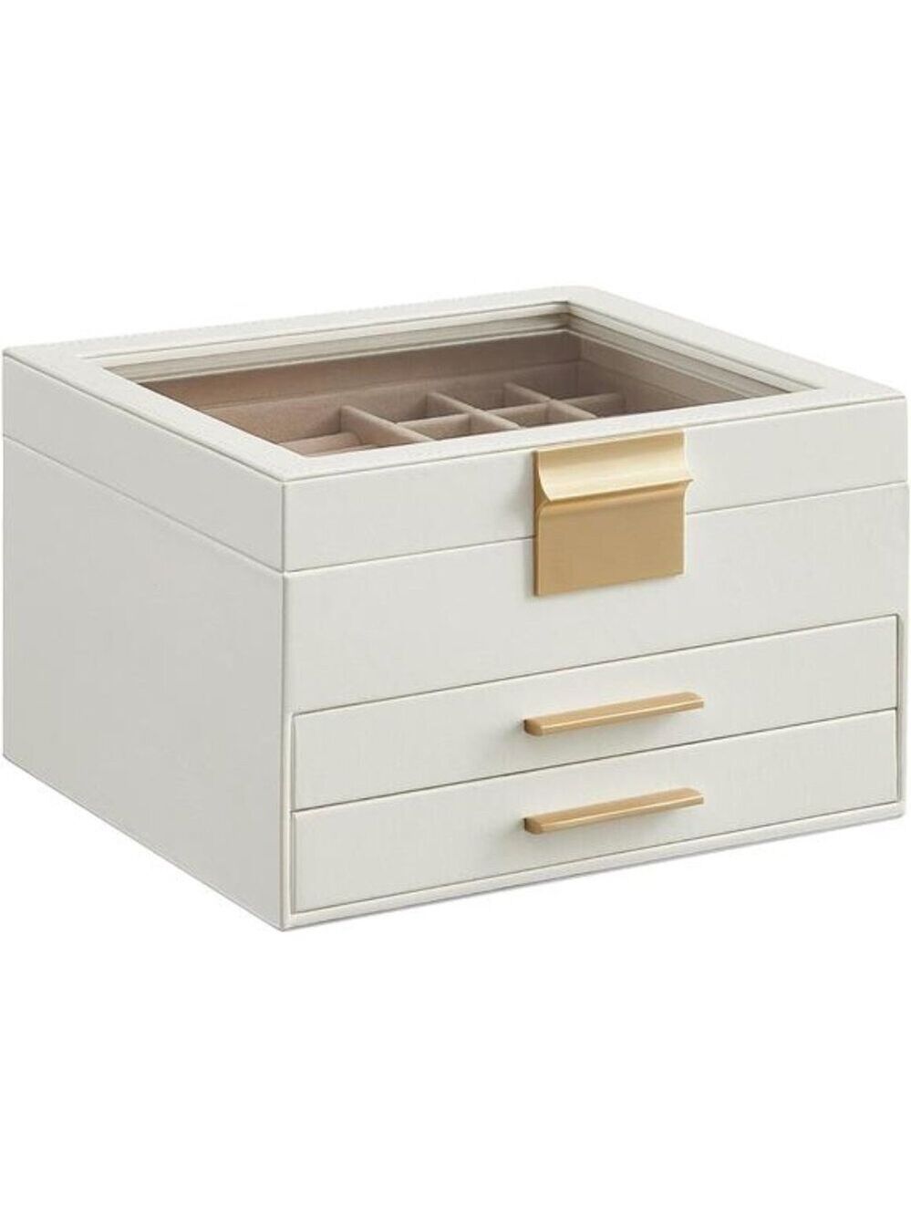 Jewelry Box Organizer 3 Layer Storage Glass Lid Drawers White Gold Jewelry Case